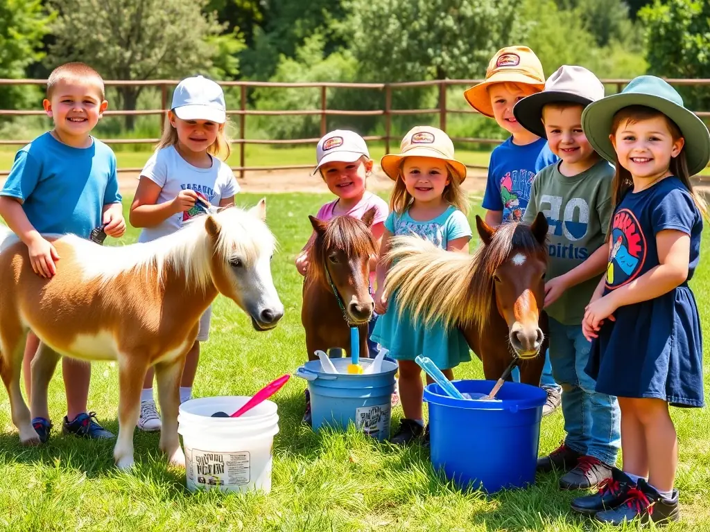 A group of children happily learning to groom ponies in a sunny outdoor setting, emphasizing the educational aspect of the equestrian program at ASSOCIATION DU PONEY CLUB VAL LOYER.