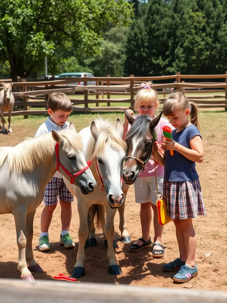 A group of children and adults participating in a pony grooming session, emphasizing the community aspect of the program at ASSOCIATION DU PONEY CLUB VAL LOYER.