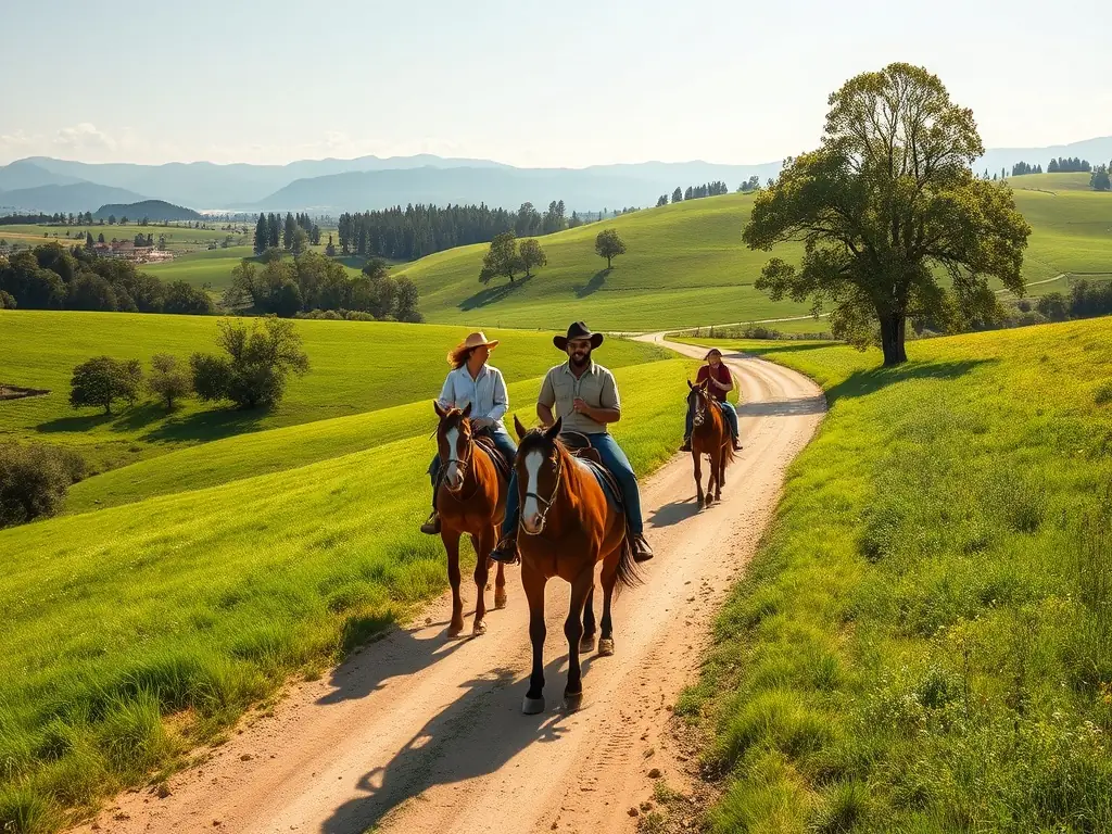 A family enjoying a leisurely horseback ride through a scenic countryside, with rolling hills and lush greenery in the background. The image conveys a sense of relaxation and connection with nature.