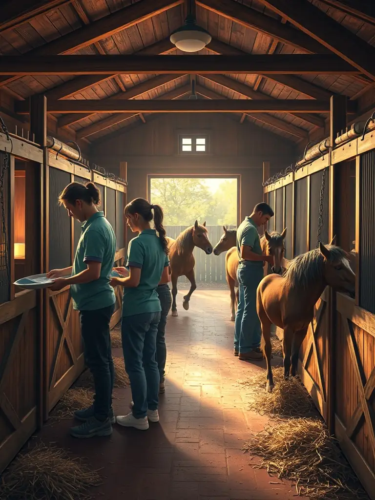 A heartwarming image of volunteers assisting with pony care and stable maintenance at ASSOCIATION DU PONEY CLUB VAL LOYER, highlighting community involvement.