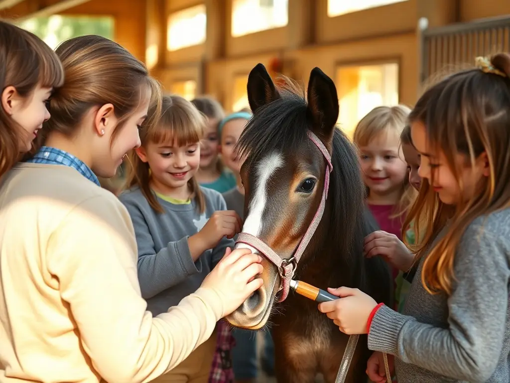A group of children learning to groom a pony in a stable, with an instructor guiding them. The scene is brightly lit and cheerful, emphasizing the educational aspect of the program.