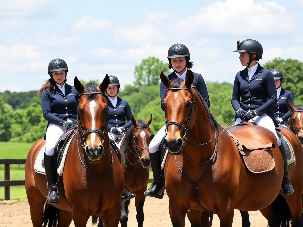 A group of children and adults participating in an educational equestrian program, learning the basics of horseback riding in a safe and supportive environment. The scene is set in a lush, green outdoor arena with instructors guiding the participants.