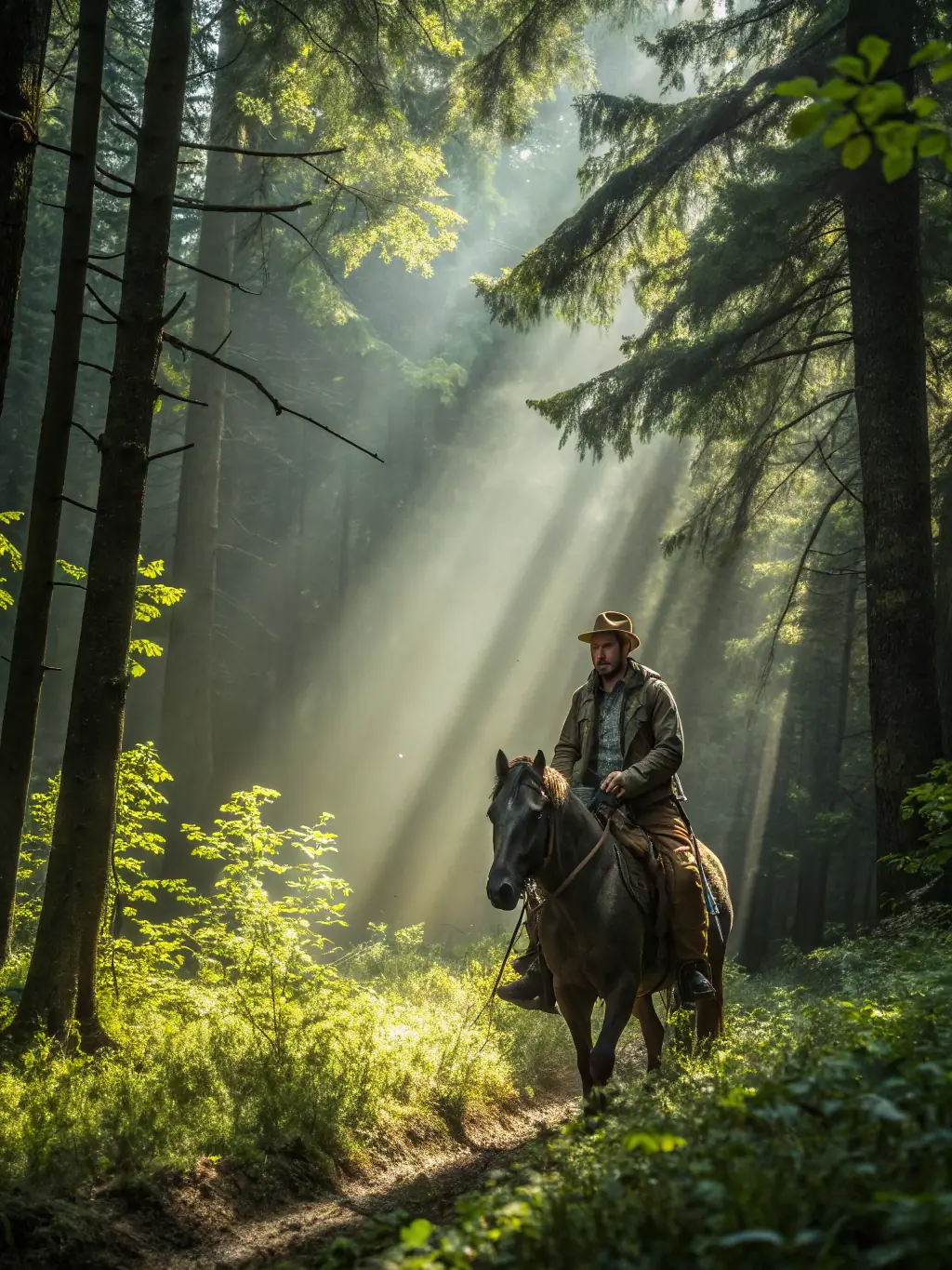 A scenic image of individuals enjoying a recreational horseback ride through a lush, green trail, showcasing the connection with nature and animals at ASSOCIATION DU PONEY CLUB VAL LOYER.