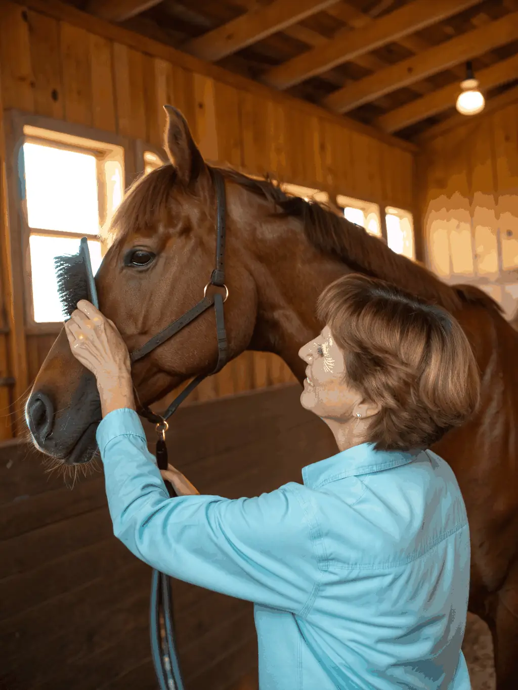 A group of children learning to groom ponies in a stable, emphasizing the educational aspect of the program at ASSOCIATION DU PONEY CLUB VAL LOYER.