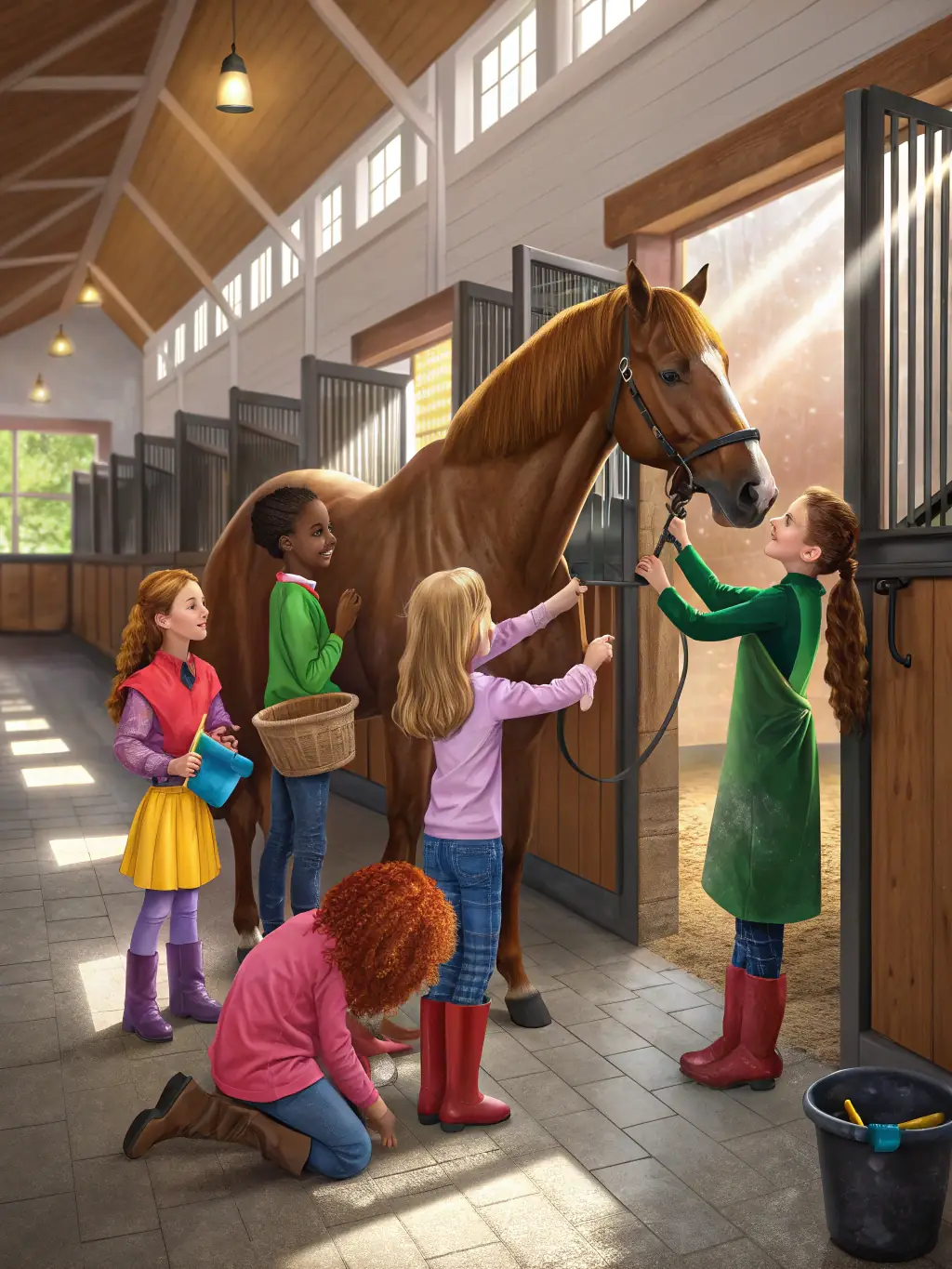 A vibrant photo of children participating in a pony grooming session at ASSOCIATION DU PONEY CLUB VAL LOYER, showcasing the joy and learning involved in animal care.