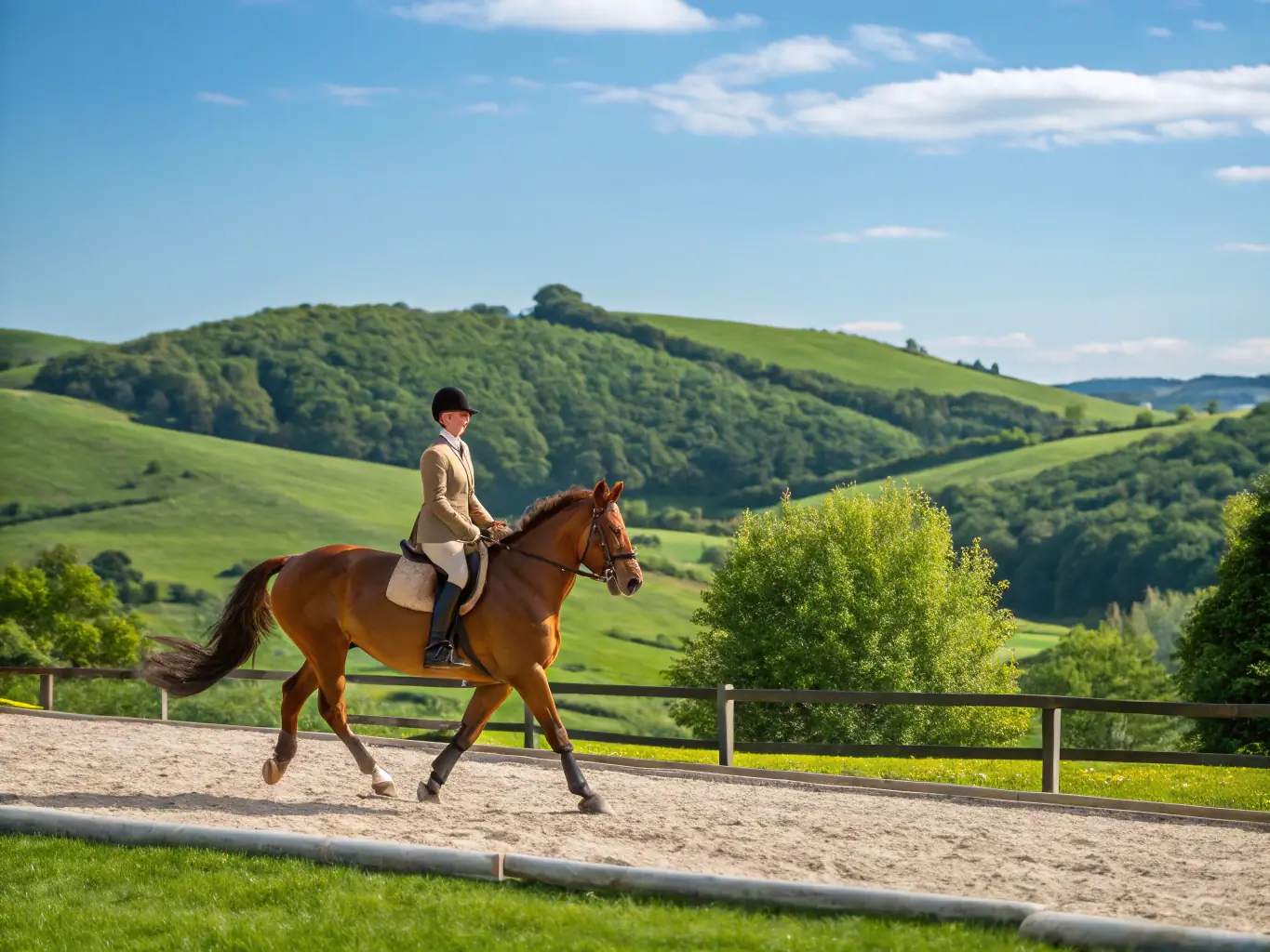 A serene image of a person riding a horse through a lush green field, capturing the essence of recreational horseback riding offered by ASSOCIATION DU PONEY CLUB VAL LOYER.