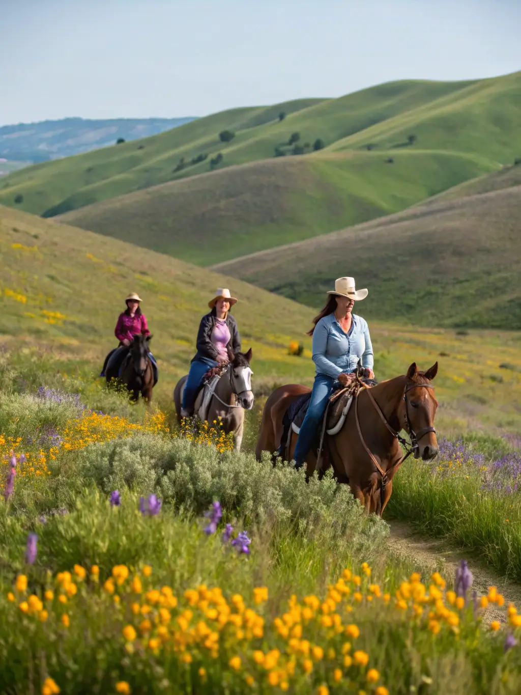 A serene photo of a group of adults enjoying a guided horseback ride through the scenic trails near ASSOCIATION DU PONEY CLUB VAL LOYER.