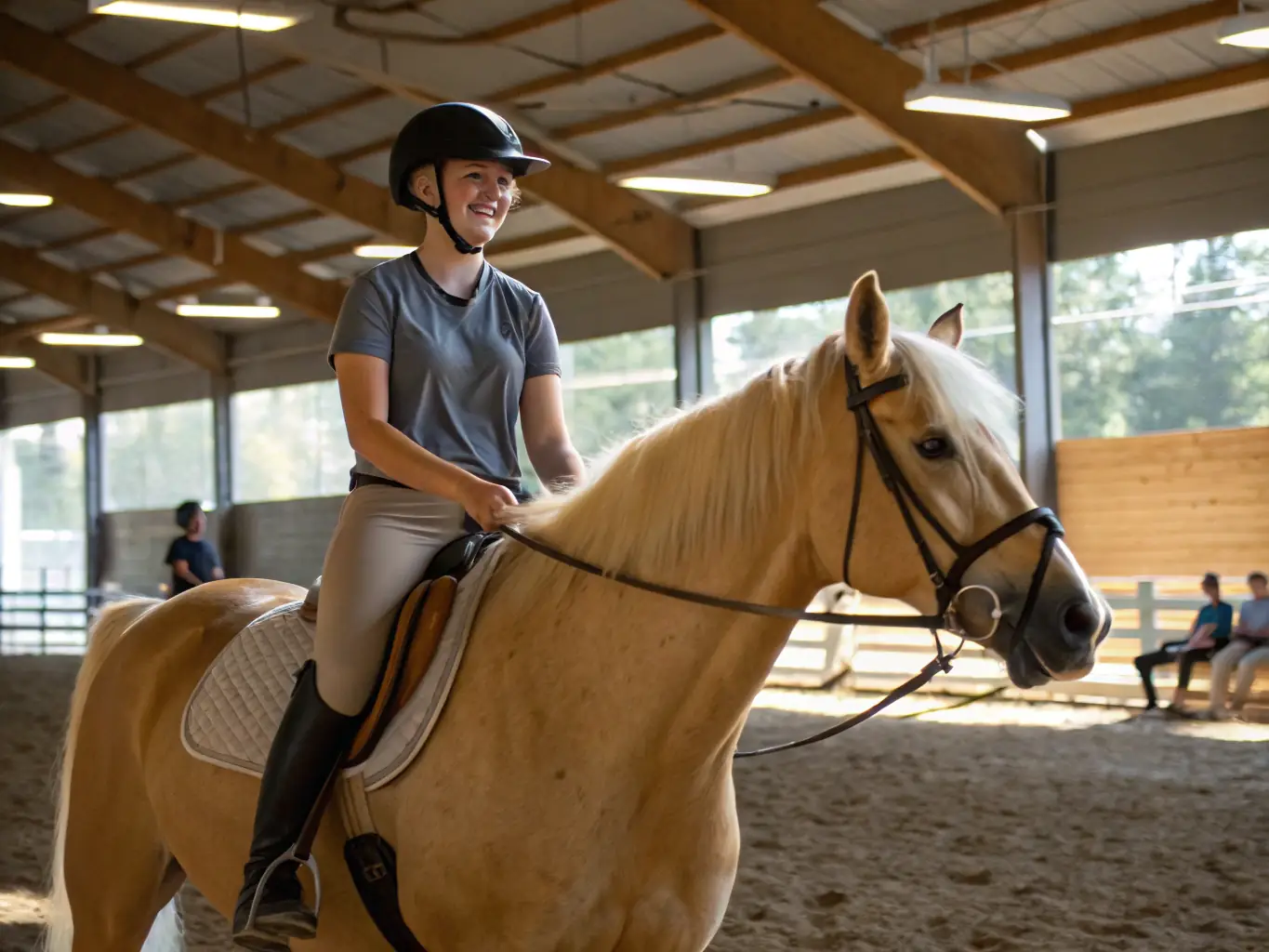 A smiling rider enjoying a leisurely horseback ride through a scenic trail surrounded by trees. The rider appears relaxed and connected with nature, showcasing the therapeutic benefits of recreational horseback riding.