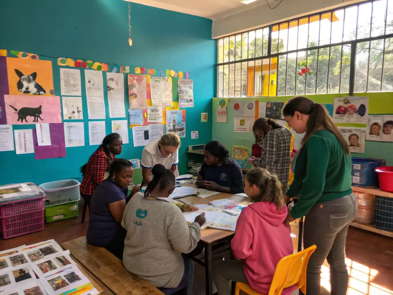 Participants in a workshop learning about animal care and welfare, with a focus on ethical treatment and responsible behavior towards animals. The setting is interactive and engaging, promoting empathy and understanding.