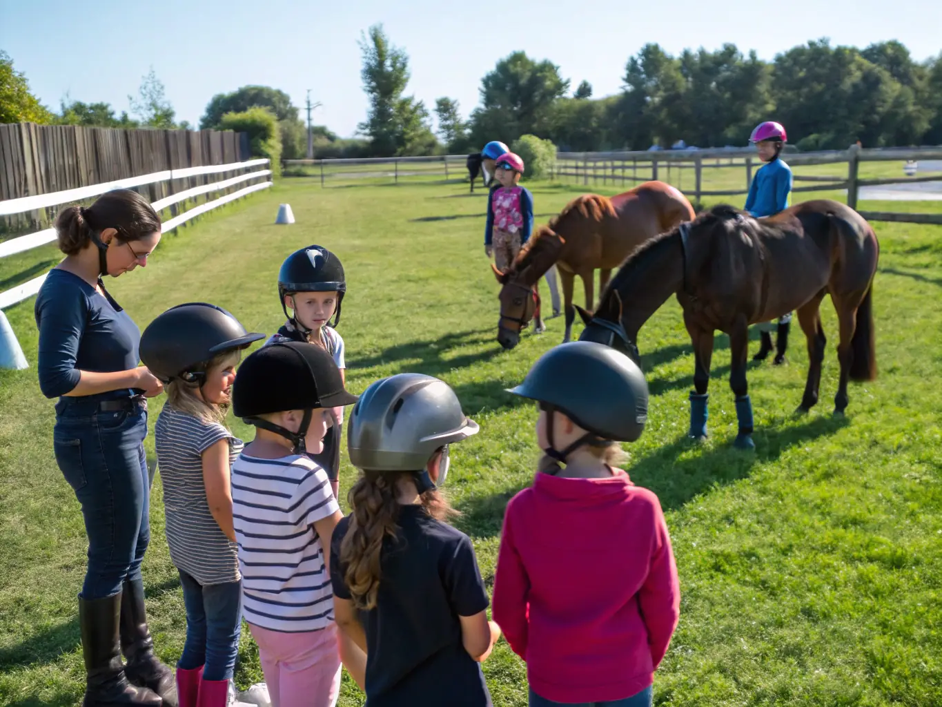 A group of children laughing and learning together during an equestrian lesson at ASSOCIATION DU PONEY CLUB VAL LOYER, showcasing the fun and educational aspects of the program.