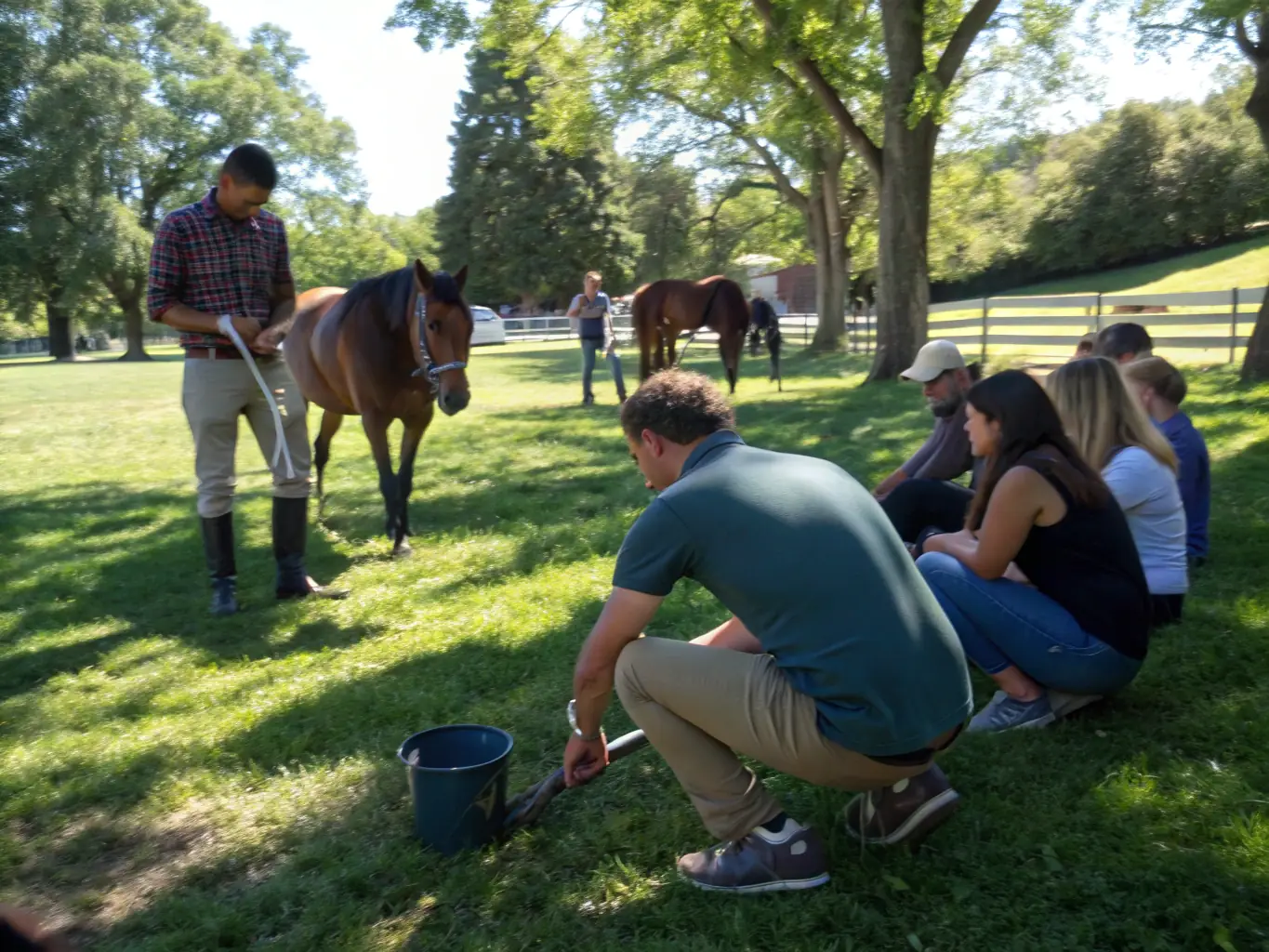 An instructor demonstrating grooming techniques to children and adults in front of a stable. The participants are engaged and learning about animal care, welfare, and ethical treatment in a hands-on workshop.